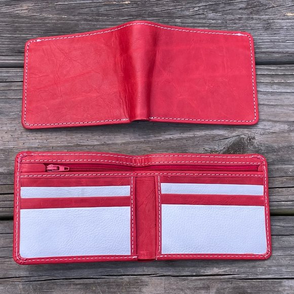 Cardholder Men  Wallet RedWhite Leather Handmade Lot of 2 - Picture 9 of 14